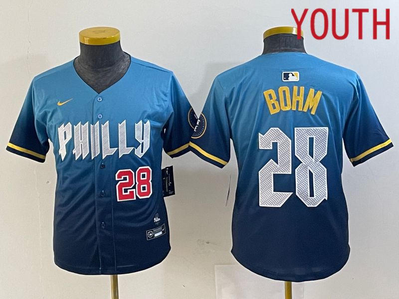 Youth Philadelphia Phillies #28 Bohm Blue City Edition Nike 2024 MLB Jersey style 3